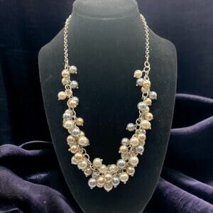 White, Silver-Tone & Cream Faux Pearl Wrap Ball Cluster Chain Necklace!